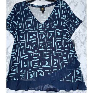 JM Collection Navy & Aqua Geometric Print Top With Sheer Ruffle Hem V-Neck Large